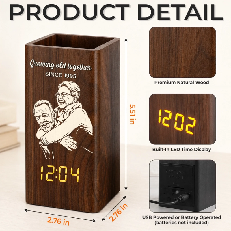Personalized Pen Holder With Clock - Gifts For Couple - Captured Moments, Timeless Love