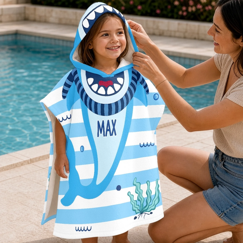 Personalized Poncho Beach Towel - Summer Gifts For Family Members - Beware Of Cute Shark Bites