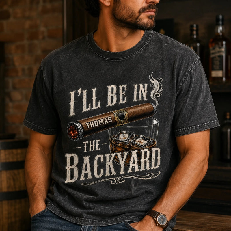 Personalized Photo Washed Cotton T-shirt – Gifts For Men, Dad, Grandpa – I'll Be In The Backyard