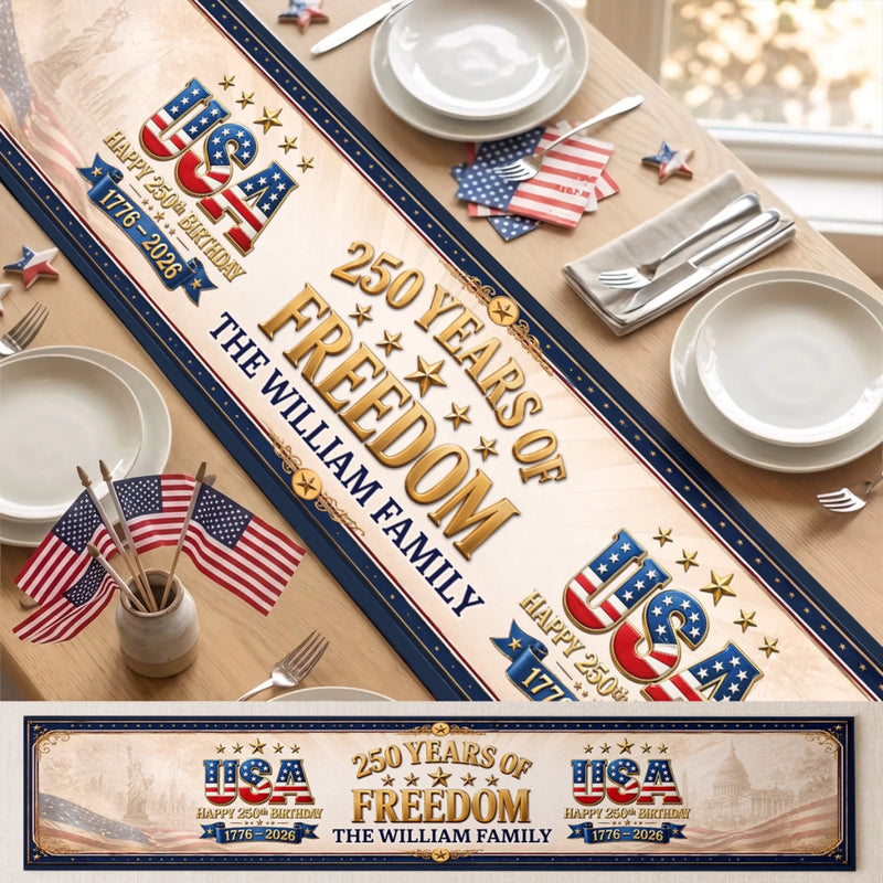 Personalized America 250th Anniversary Table Runner – Gifts For Family Members – Proud Hearts Rise High
