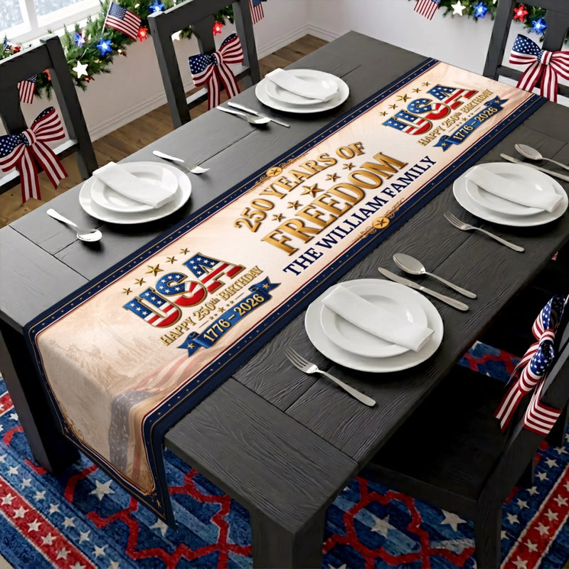 Personalized America 250th Anniversary Table Runner – Gifts For Family Members – Proud Hearts Rise High