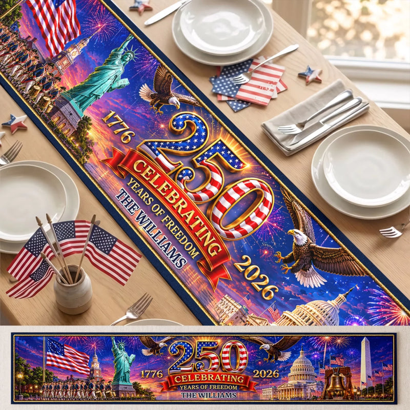 Personalized America 250th Anniversary Table Runner – Gifts For Family Members – Hearts Full Of Pride
