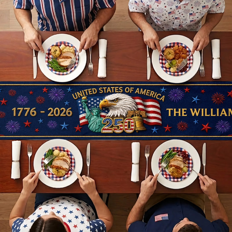 Personalized America 250th Anniversary Table Runner – Gifts For Family Members – Proud Hearts Shine Bright