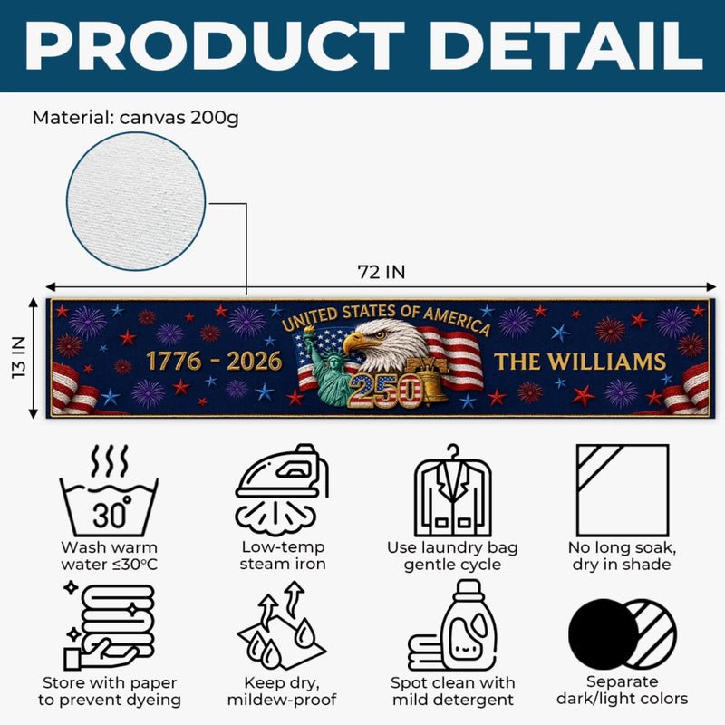 Personalized America 250th Anniversary Table Runner – Gifts For Family Members – Proud Hearts Shine Bright