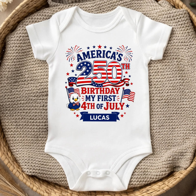 Personalized America 250th Anniversary Baby Onesie - Gifts For New Moms, New Dads, New Parents - Little Patriot Shines Bright