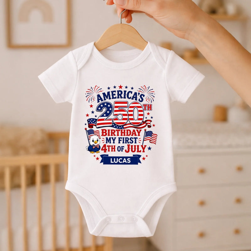 Personalized America 250th Anniversary Baby Onesie - Gifts For New Moms, New Dads, New Parents - Little Patriot Shines Bright
