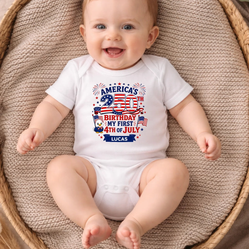 Personalized America 250th Anniversary Baby Onesie - Gifts For New Moms, New Dads, New Parents - Little Patriot Shines Bright