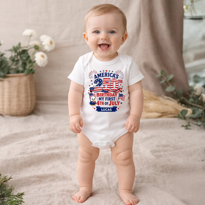 Personalized America 250th Anniversary Baby Onesie - Gifts For New Moms, New Dads, New Parents - Little Patriot Shines Bright