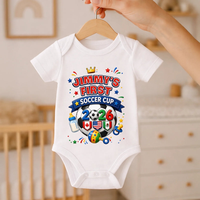 Personalized World Football Baby Onesie - Gifts For Football Lovers, New Moms, New Dads - My Very First Gold Cup