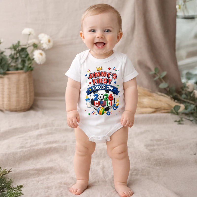 Personalized World Football Baby Onesie - Gifts For Football Lovers, New Moms, New Dads - My Very First Gold Cup