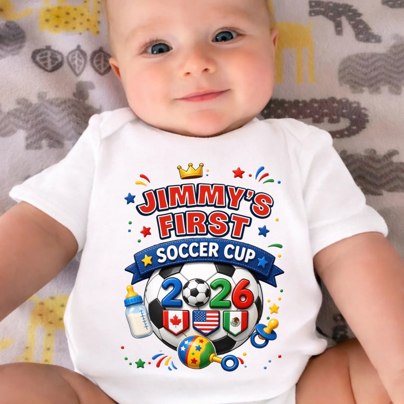 Personalized World Football Baby Onesie - Gifts For Football Lovers, New Moms, New Dads - My Very First Gold Cup