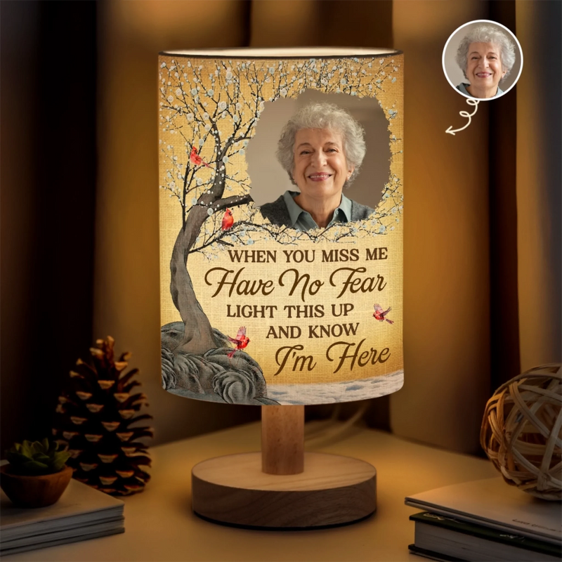Personalized Photo Linen Bedside Table Lamp - Memorial Sympathy Gifts - Every Time It Shines, Know My Heart Is Near