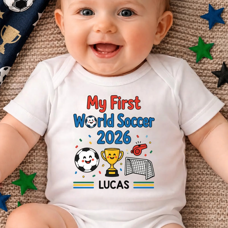 Personalized World Football Baby Onesie – Baby Shower Gifts For Football Lovers, New Parents – Gold Cup First Win