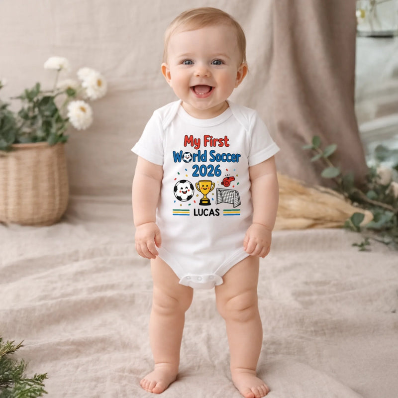 Personalized World Football Baby Onesie – Baby Shower Gifts For Football Lovers, New Parents – Gold Cup First Win