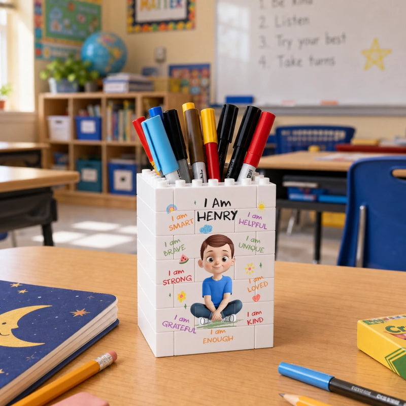 Personalized Kids Brick-Style Pen Holder - Back To School Gifts For Kids - Learning Big Dreaming Bigger