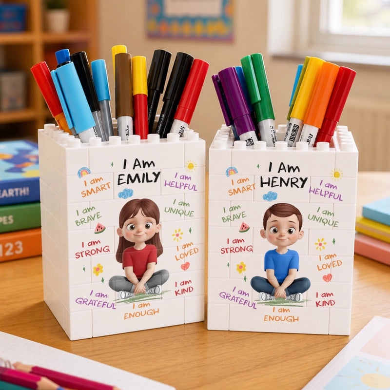Personalized Kids Brick-Style Pen Holder - Back To School Gifts For Kids - Learning Big Dreaming Bigger