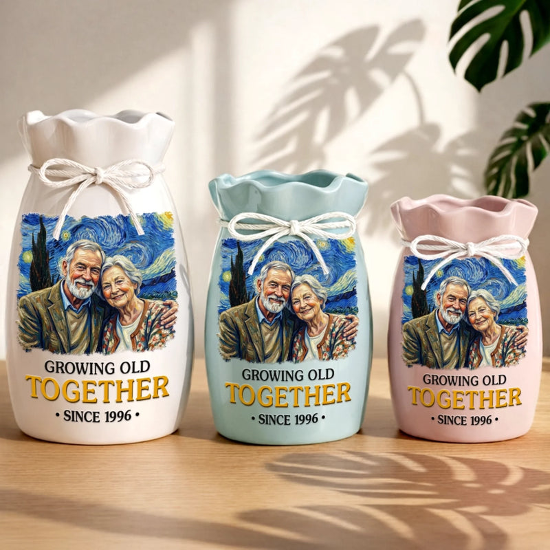 Personalized Photo Flower Vase With Ribbon - Anniversary Wedding Gifts For Couple - Partners In Love And Wrinkles