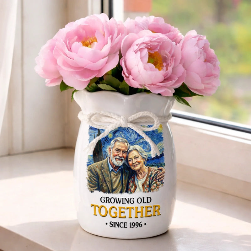 Personalized Photo Flower Vase With Ribbon - Anniversary Wedding Gifts For Couple - Partners In Love And Wrinkles