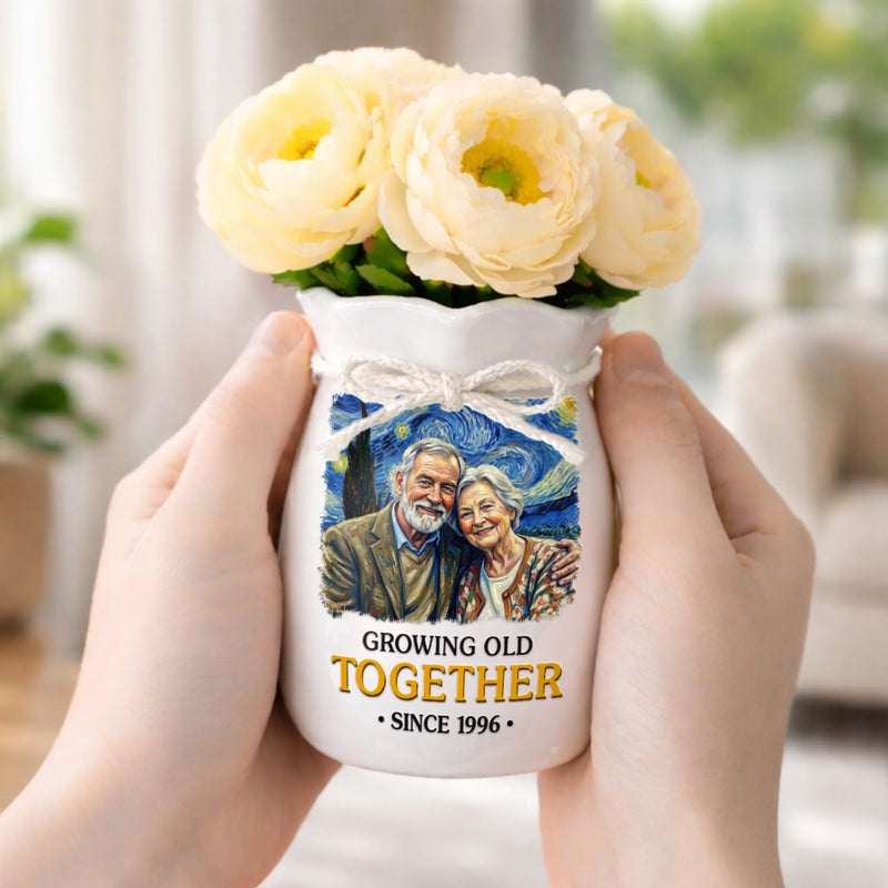 Personalized Photo Flower Vase With Ribbon - Anniversary Wedding Gifts For Couple - Partners In Love And Wrinkles