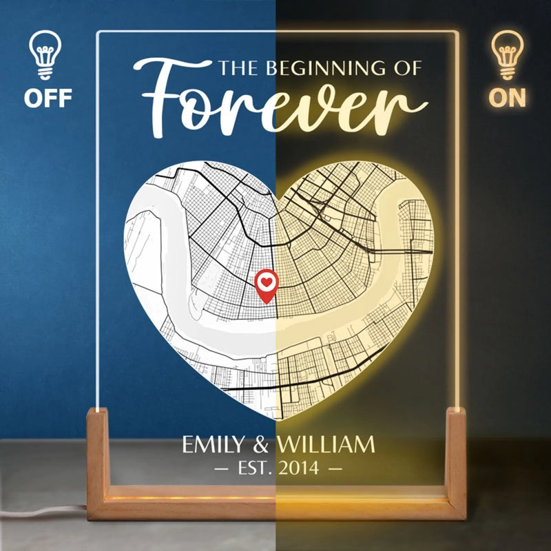 Personalized Map Shaped 3D LED Walnut Night Light - Anniversary Wedding Gifts For Couple - Location Map Two Hearts, One Map