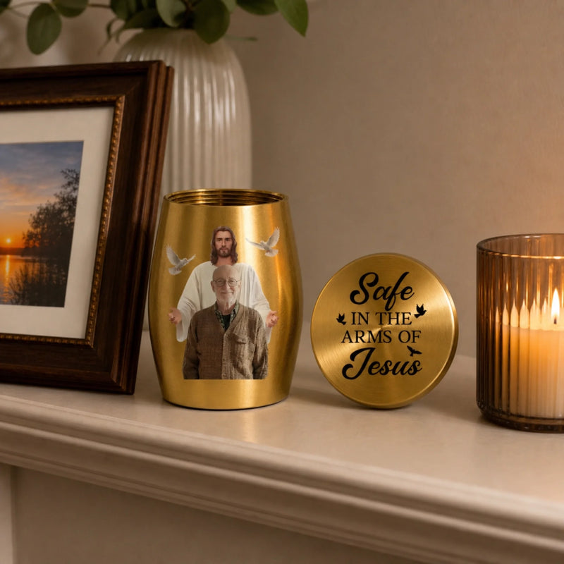 Personalized Photo Memorial Urn - Memorial Sympathy Gifts – Safe In The Arms Of Jesus