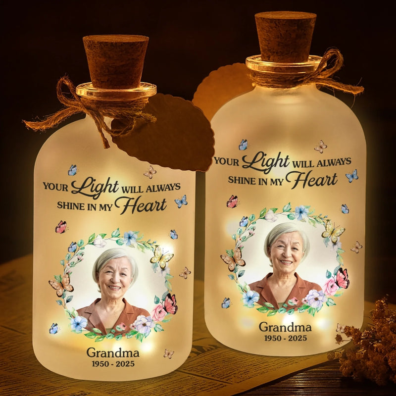 Personalized Photo Glass Bottle LED Light - Memorial Sympathy Gifts - Love Remains Beyond The Stars