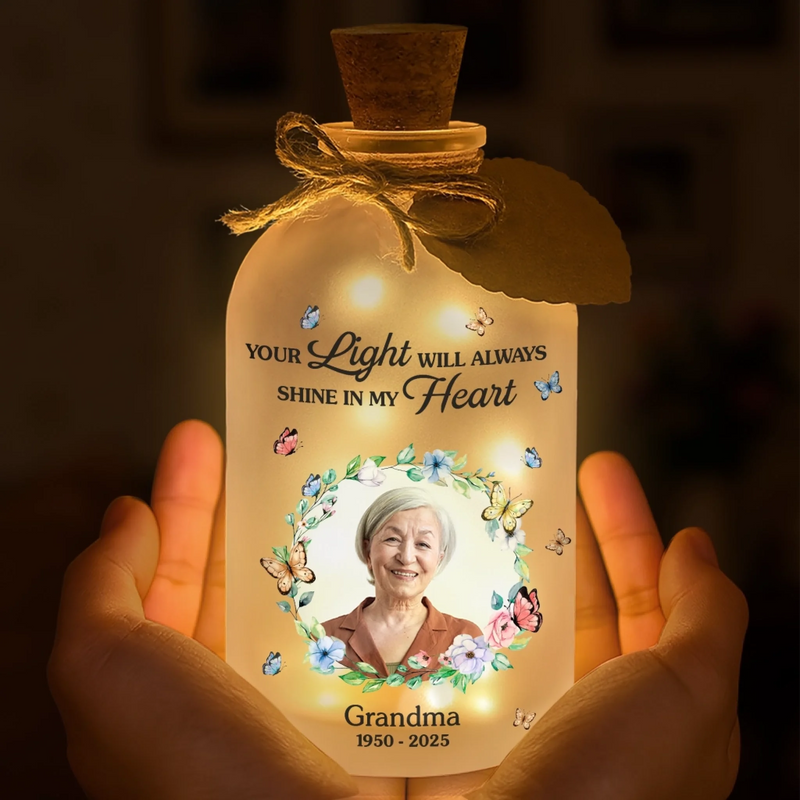 Personalized Photo Glass Bottle LED Light - Memorial Sympathy Gifts - Love Remains Beyond The Stars