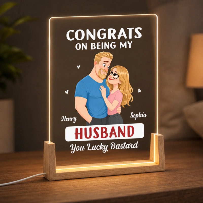 Personalized Shaped 3D LED Walnut Night Light - Anniversary Wedding Gifts For Couple - The Luckiest Husband Ever
