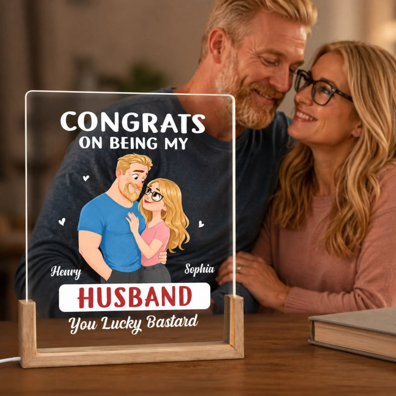 Personalized Shaped 3D LED Walnut Night Light - Anniversary Wedding Gifts For Couple - The Luckiest Husband Ever