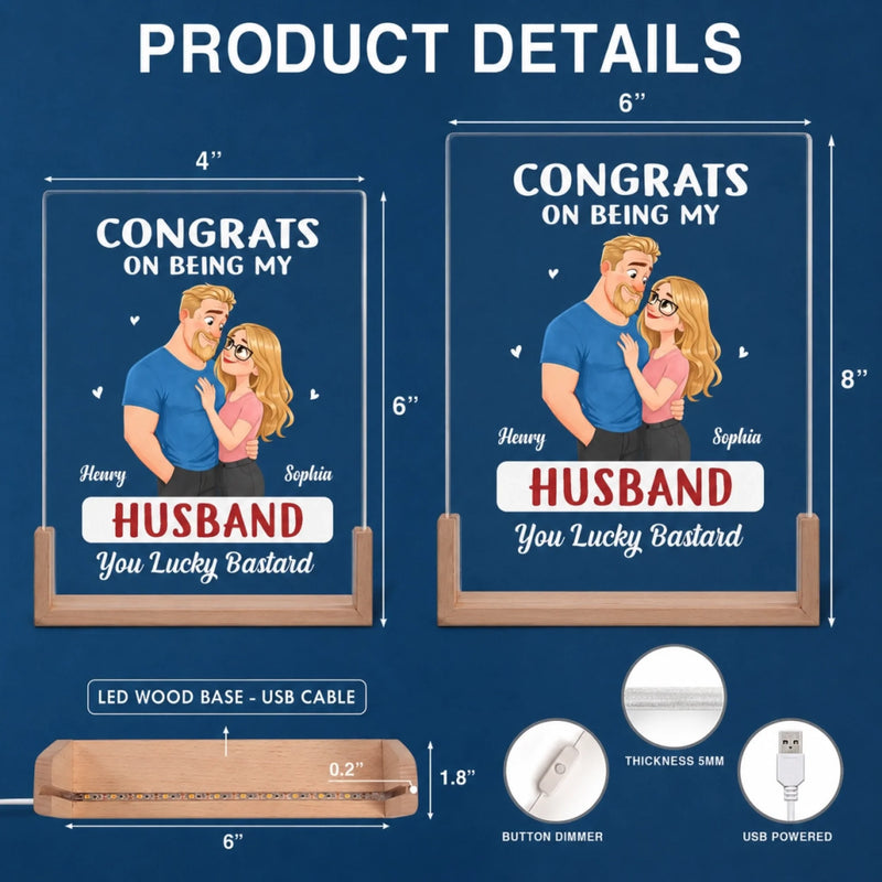 Personalized Shaped 3D LED Walnut Night Light - Anniversary Wedding Gifts For Couple - The Luckiest Husband Ever