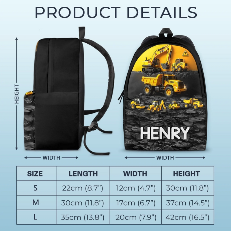 Personalized Kid Backpack - Back To School Gift For Kid - Mighty Machines On The Move