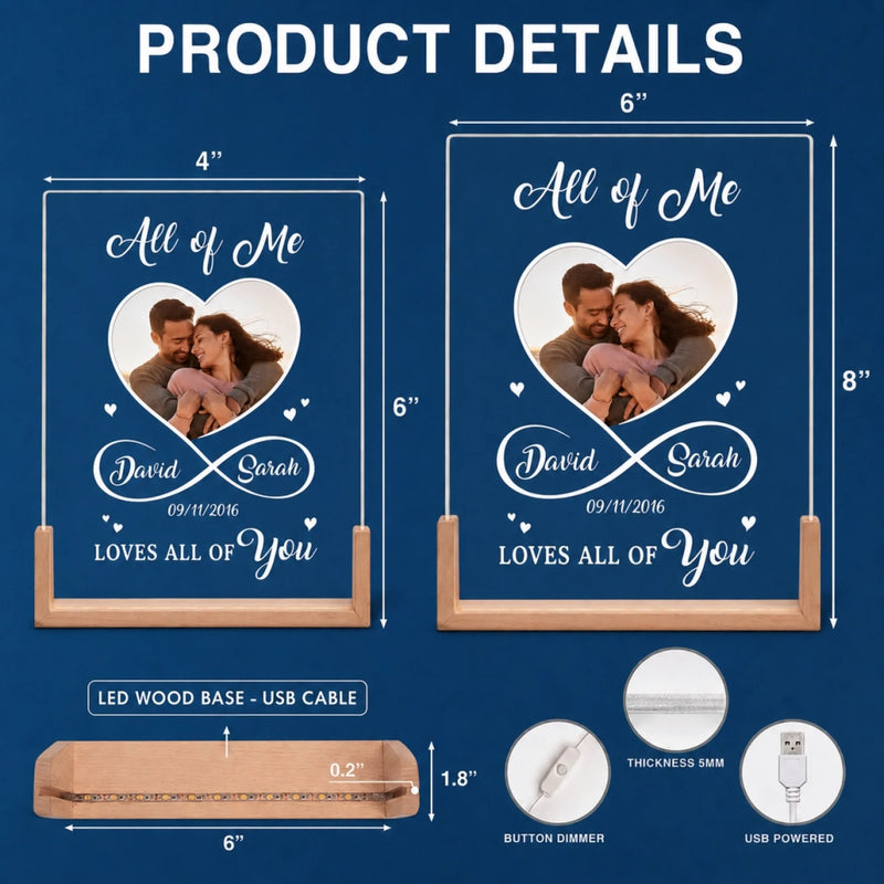 Personalized Photo Shaped 3D LED Walnut Night Light - Anniversary Wedding Gifts For Couple - All of Me, Always Yours