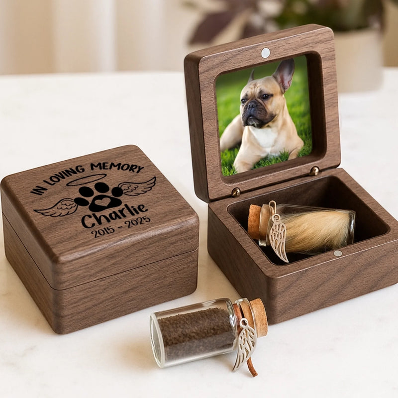 Personalized Photo Wooden Fur Memorial Keepsake Box - Pet Memorial Sympathy Gifts For Dogs, Cats - In Loving Memory