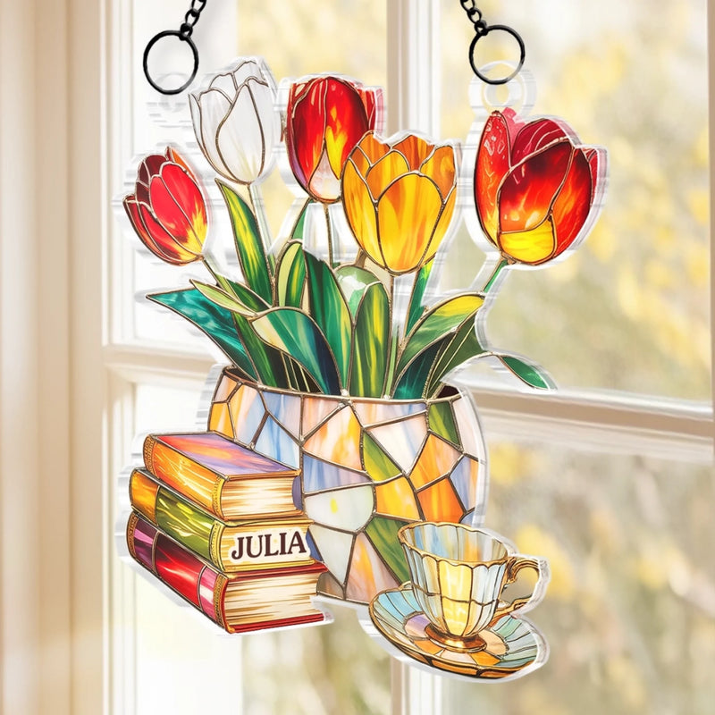 Personalized Window Hanging Suncatcher Ornament - Bookish Gifts For Book Lovers, Bookworms, Readers - Reading In Full Bloom