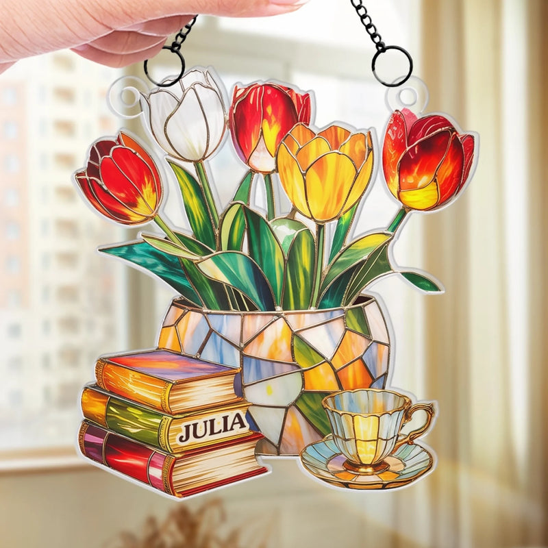 Personalized Window Hanging Suncatcher Ornament - Bookish Gifts For Book Lovers, Bookworms, Readers - Reading In Full Bloom