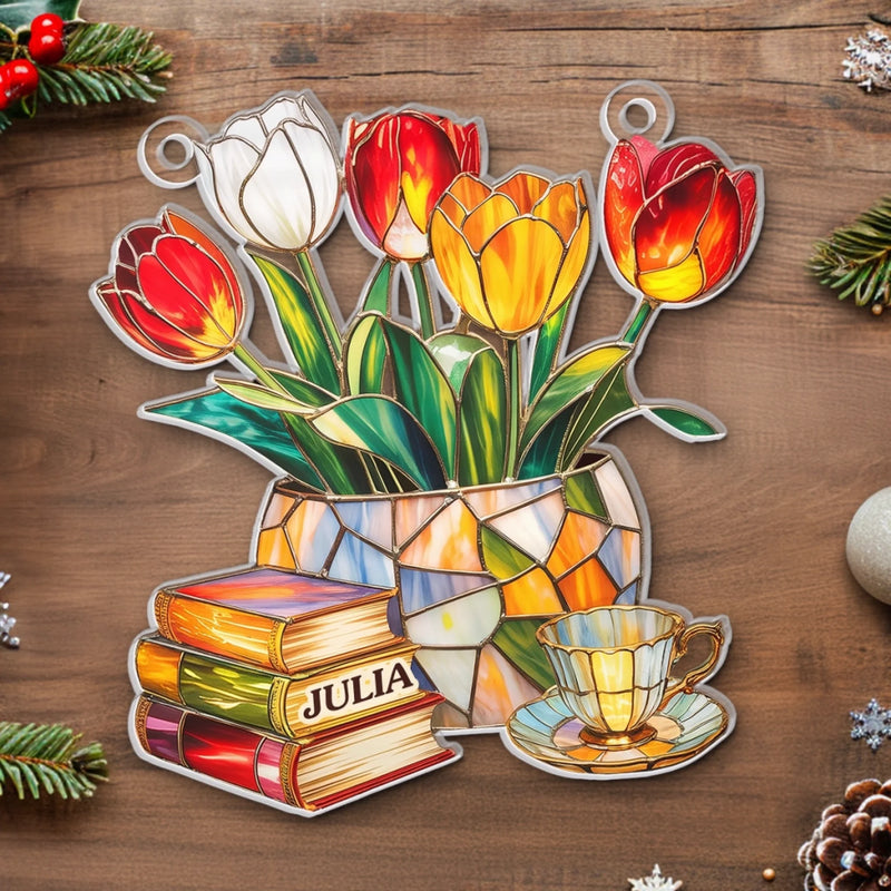 Personalized Window Hanging Suncatcher Ornament - Bookish Gifts For Book Lovers, Bookworms, Readers - Reading In Full Bloom