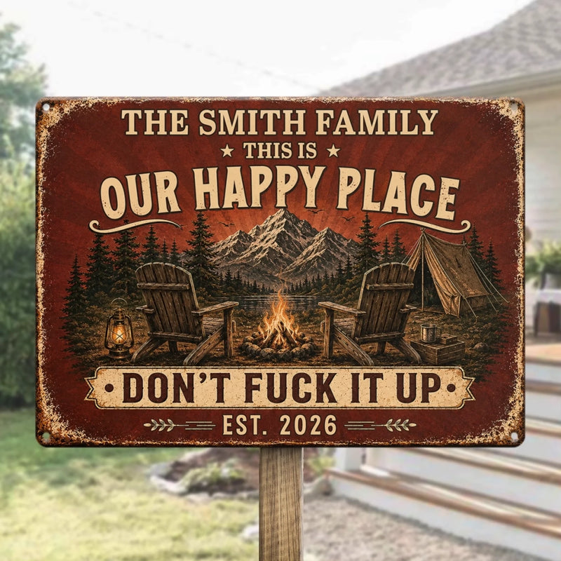 Personalized Home Decor Metal Sign - Anniversary, Camping Gift For Couple, Campers - Welcome to Our Happy Place