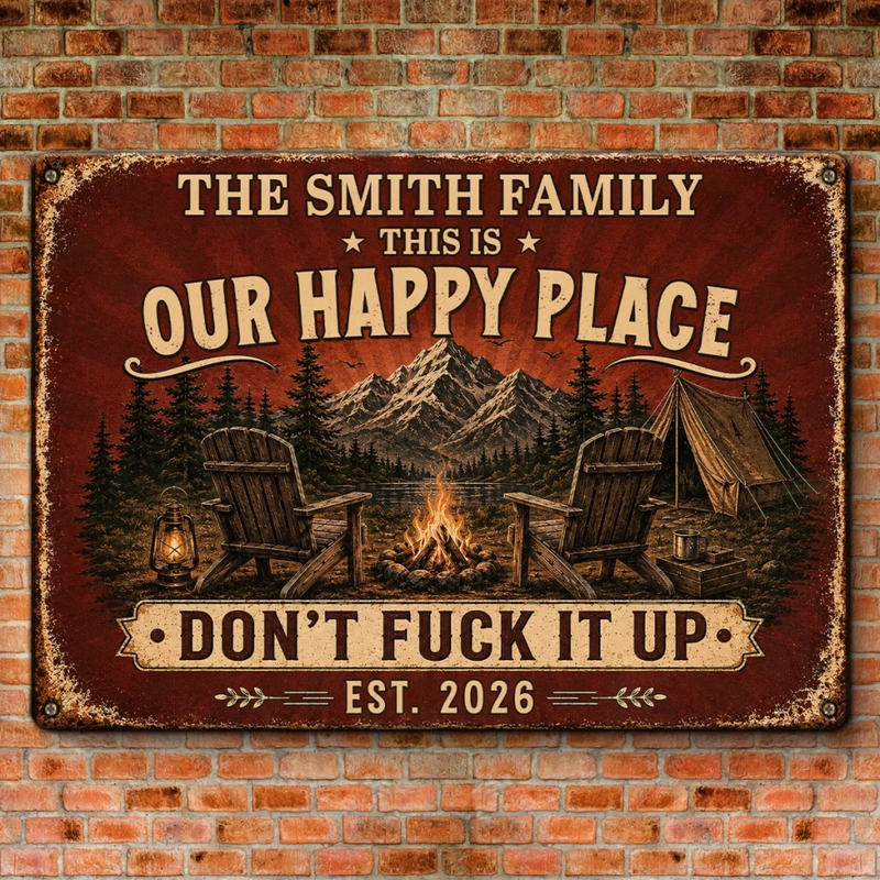 Personalized Home Decor Metal Sign - Anniversary, Camping Gift For Couple, Campers - Welcome to Our Happy Place