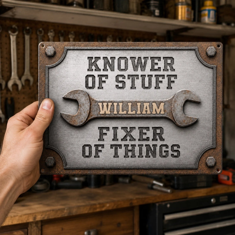 Personalized Home Decor Metal Sign – Gift For Man – Knower Of Stuff, Fixer Of Things
