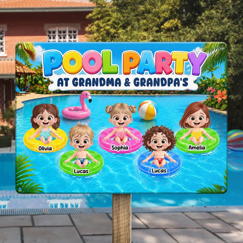 Personalized Home Decor Metal Sign - Poolside, Summer Gift For Grandma, Grandpa, Family - Sunshine And Sweet Memories