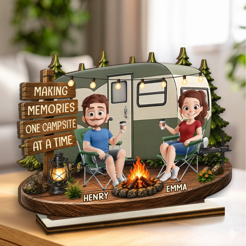Personalized 2-Layered Wooden Plaque - Anniversary Gift For Couple, Camping Lovers - Adventure Begins at the Campsite