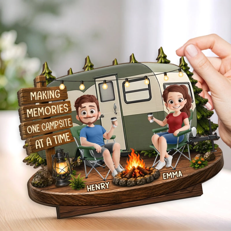 Personalized 2-Layered Wooden Plaque - Anniversary Gift For Couple, Camping Lovers - Adventure Begins at the Campsite