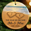 Personalized Ceramic Ornament – Christmas, Anniversary Gift For Couple – Our Happily Ever After, Set In Sand