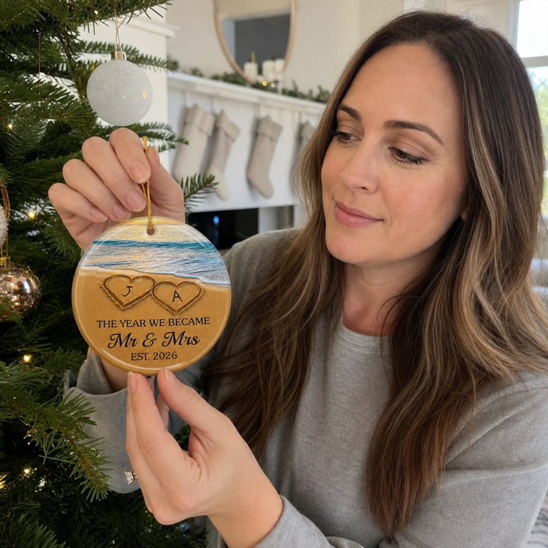 Personalized Ceramic Ornament – Christmas, Anniversary Gift For Couple – Our Happily Ever After, Set In Sand