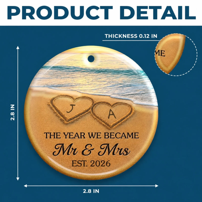 Personalized Ceramic Ornament – Christmas, Anniversary Gift For Couple – Our Happily Ever After, Set In Sand