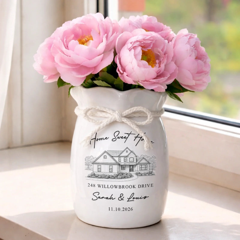 Personalized Photo Flower Vase With Ribbon – Christmas, Housewarming Gift for New Homeowners, Couple – Bless This Home