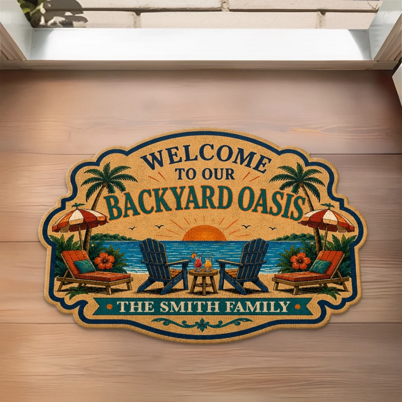 Personalized Shaped Doormat - Poolside, Summer Gift For Couple, Family - Welcome to Our Paradise