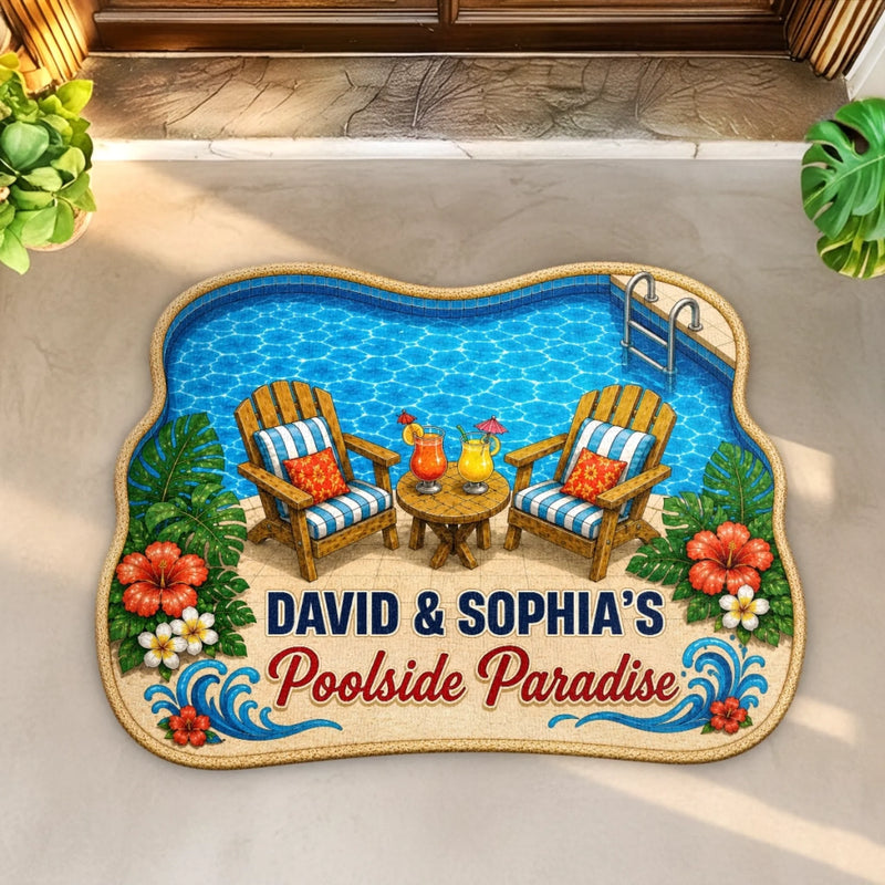 Personalized Shaped Doormat - Poolside, Summer Gift For Couple, Family - Making Waves Together