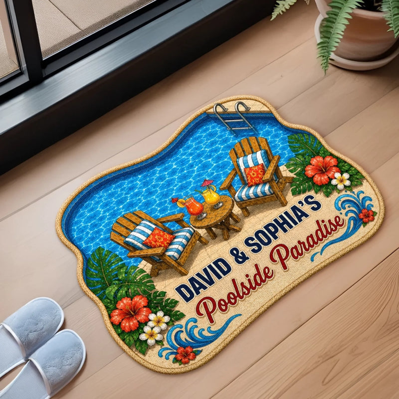 Personalized Shaped Doormat - Poolside, Summer Gift For Couple, Family - Making Waves Together