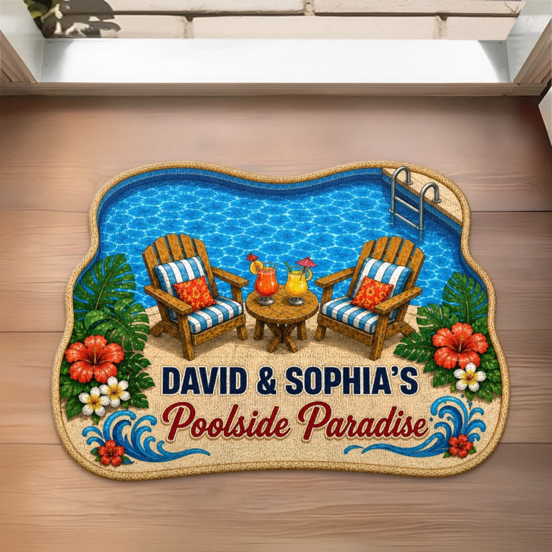 Personalized Shaped Doormat - Poolside, Summer Gift For Couple, Family - Making Waves Together